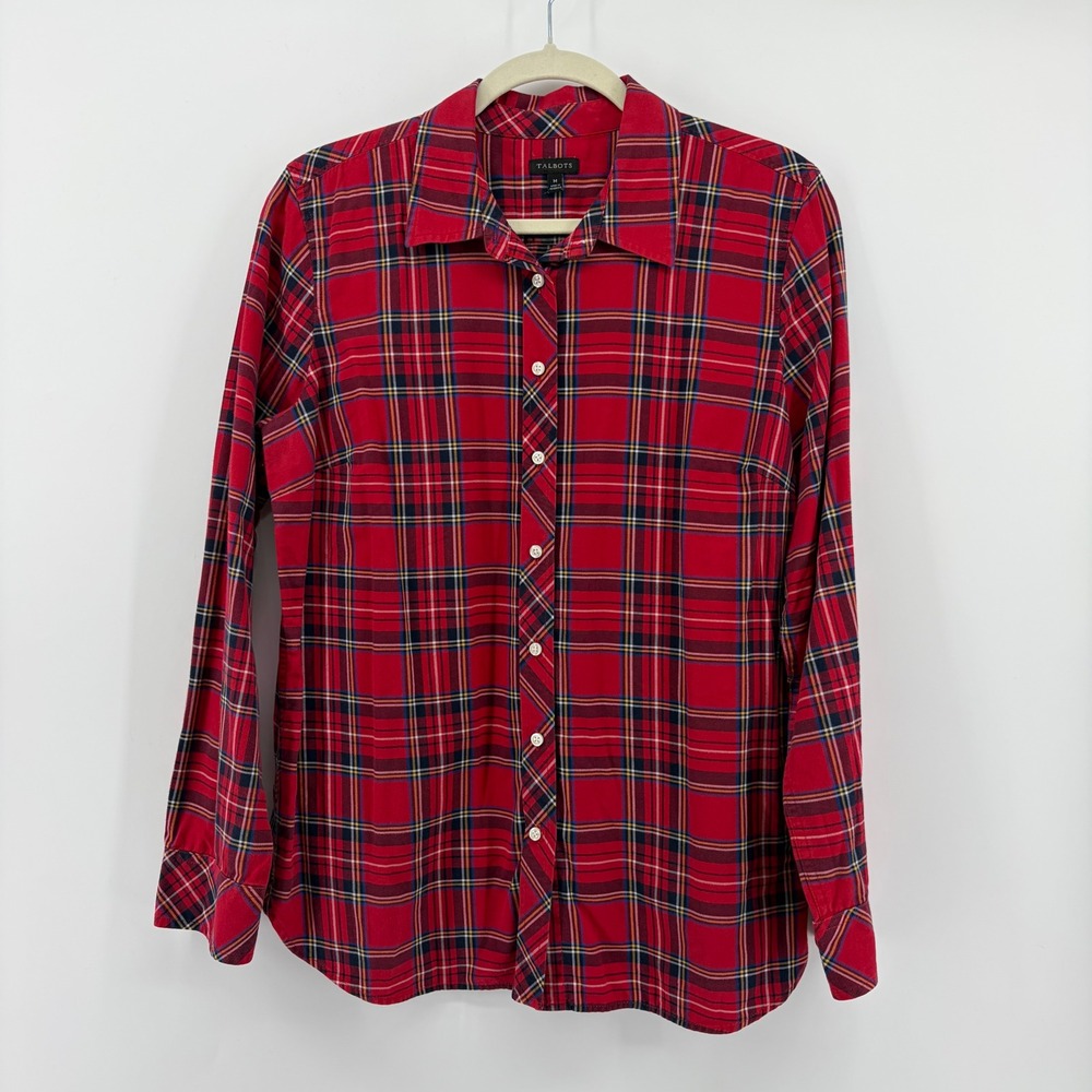 Talbots Womens Size M Red Plaid Button Down Long Sleeve 100% Cotton Shirt
